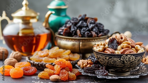 Wholesome Snacking: Date palm fruits, prunes, dried apricots, raisins, and an array of nuts for a healthy and tasty snack.