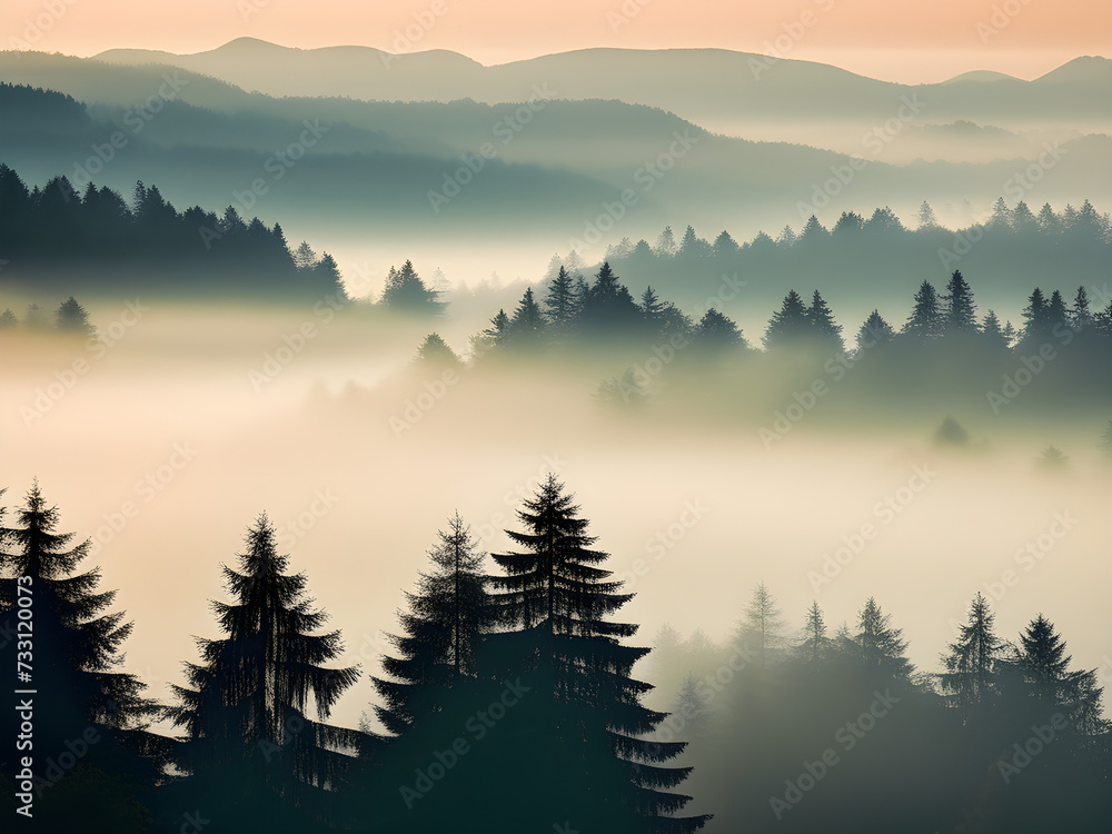 Vintage Retro Misty Landscape: Silhouettes of Dense Fir Trees Against Layered Hills - Nostalgic Scene in Retro Style