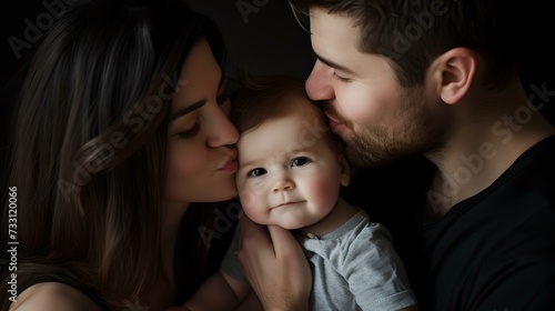 Loving parents kissing their baby in a tender family moment. modern lifestyle portrait captured in a studio setting. embracing togetherness and love. AI