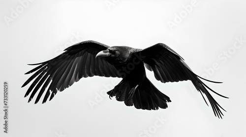 Majestic black raven in flight against a light sky. sinuous wings spread wide. symbol of mystery and intelligence. perfect for wildlife themes. AI © Irina Ukrainets