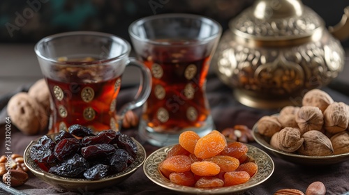 Taste Extravaganza: Explore a culinary masterpiece with a beautiful composition of date palm fruits, prunes, dried apricots, raisins, and an array of nuts.