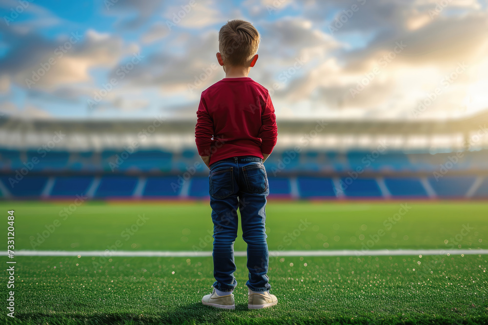 A small child in a red shirt stands facing an expansive football stadium, enveloped in the glow of a setting sun.
