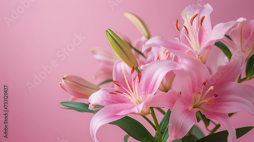 Beautiful lily flowers bouquet on a pink background. Lillies. Pink lilies closeup. Big bunch of fresh fragrant lilies purple background.  © oldwar