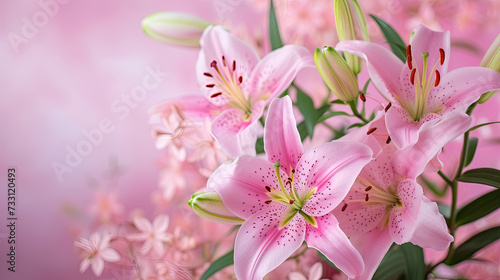 Beautiful lily flowers bouquet on a pink background. Lillies. Pink lilies closeup. Big bunch of fresh fragrant lilies purple background.
