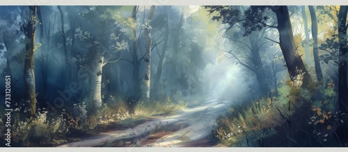 Illustration enchanting a wild forest path with watercolor painting style. Generated AI image