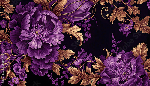 Seamless pattern with violet chrysanthemums on a dark background