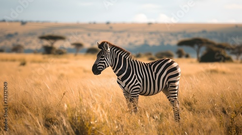 Graceful zebra standing alone in golden savannah grass. wildlife in natural habitat. serene outdoor scene. ideal for educational content. AI © Irina Ukrainets