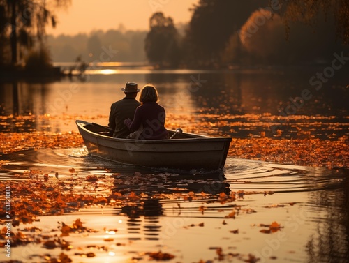 A Couple Enjoys a Serene Boat Ride at Sunset on an Autumn Lake