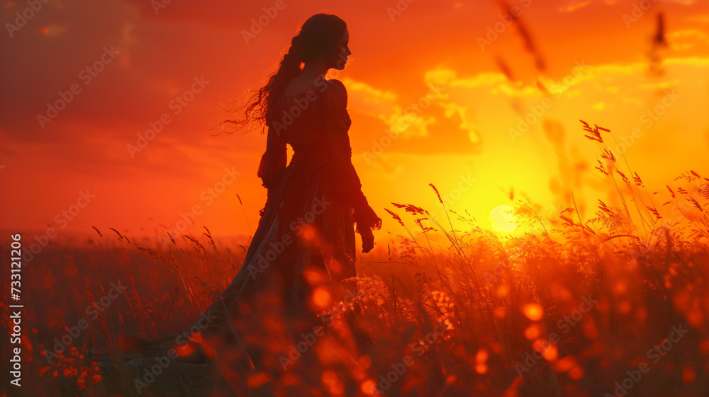 young queen in a vibrant sunset, proud beautiful woman in the medieval