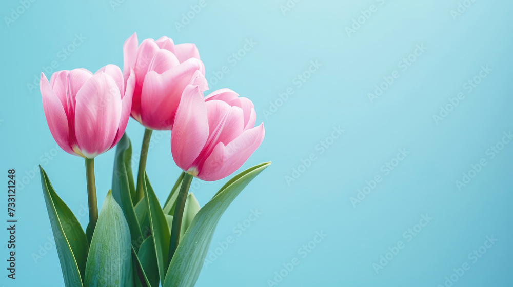Elegant Pink Tulips in Full Bloom Against a Soft Blue Background