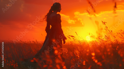 young queen in a vibrant sunset, proud beautiful woman in the medieval
