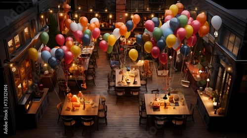 A top-down view of a birthday party venue adorned with balloon garlands, creating a festive and welcoming atmosphere for guests to enjoy the celebration