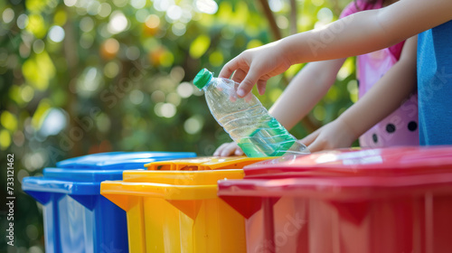 Hand throwing plastic bottle recycling container garbage sorting rubbish collection bin. Hand kid put bottle plastic trash can. Reduce waste recycle bins. Garbage recycling plastic trash bins