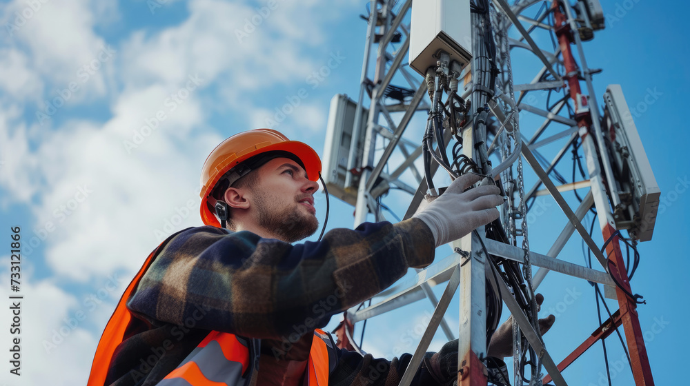 Helmeted male engineer works in the field with a telecommunication tower that controls cellular electrical installations to inspect and maintain 5G networks installed on high-rise buildings Helmeted male engineer works in the field with a telecommunication tower that controls cellular electrical installations to inspect and maintain 5G networks installed on high-rise buildings