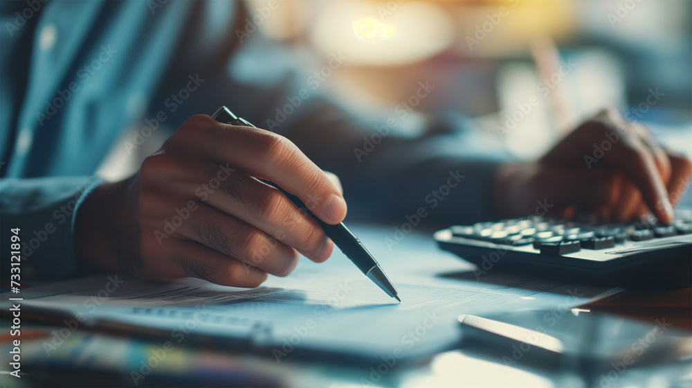 Close-up of Accountant Hands Working with Pen, Calculator and Documents. - obrazy, fototapety, plakaty 