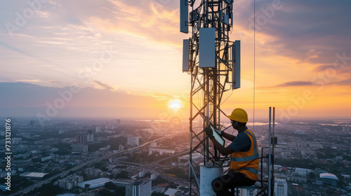 Helmeted male engineer works in the field with a telecommunication tower that controls cellular electrical installations to inspect and maintain 5G networks installed on high-rise buildings photo