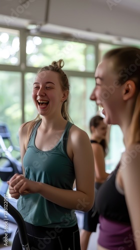 Two girls are talking cheerfully in the gym of a fitness club. Sports and health concept