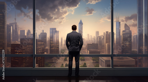 Back view of man looking at modern building, contemplative expression