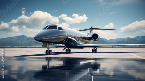 Close-up of business jet parked outside, sleek aircraft design, luxurious exterior photo