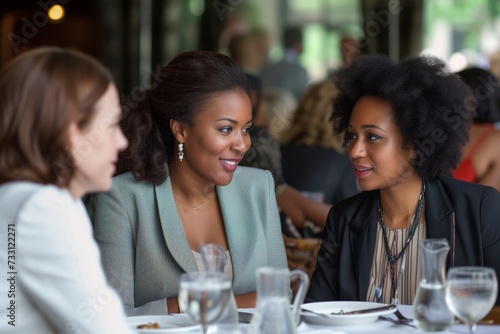 Group of African American businesswomen reflect on corporate strategy near office window. Professional women in contemplation  overlooking cityscape from high-rise corporate office.