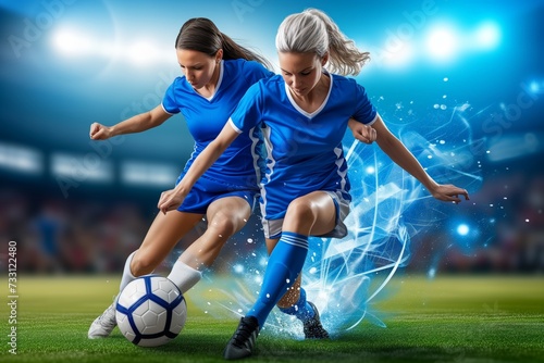 Female soccer players in blue engaged in intense play, vibrant energy, competitive spirit. Two women competing in soccer match, focused and agile, in a display of powerful dynamics