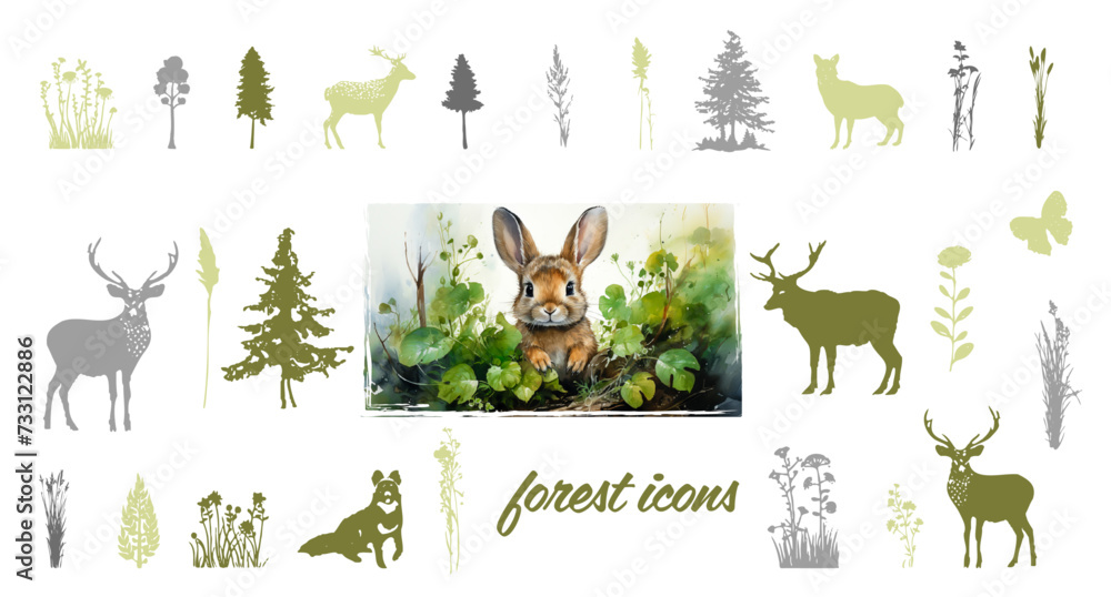 Obraz premium Forest icons. Various forest animals drawn in detail. Colorful animal and plant silhouettes isolated on a white background.