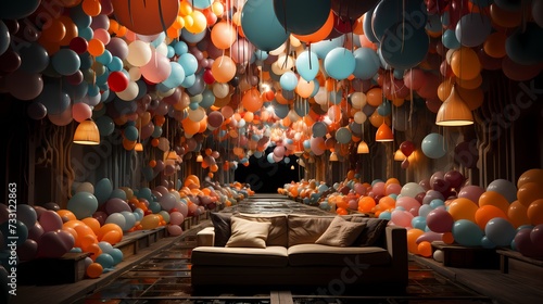 A top-down view of a room decorated with floating birthday balloons, arranged in a cascading pattern, forming an enchanting ceiling adorned with a sea of colors