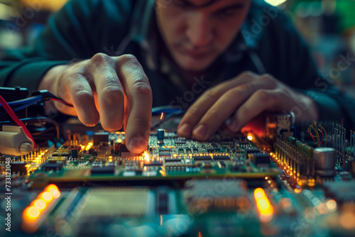 Engineer repairing electronic circuit board with microchip. Repair and technology concept.