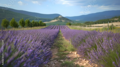 Serenity in nature: sprawling lavender fields with mountain backdrop, a peaceful countryside scene. AI