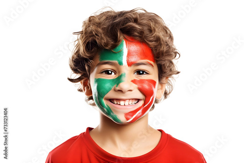 child boy soccer fun portrait with painted face of portuguese flag isolated on transparent background photo