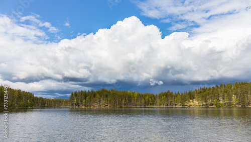 Typical finnish landscape during summer with a lake and woodland photo