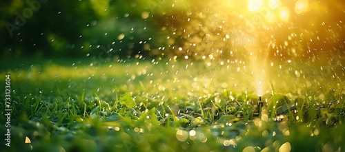 Sun-kissed meadow with sparkling dew drops. peaceful natural landscape bathed in golden morning light. freshness of early day in outdoor setting. AI