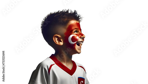 child boy soccer fun profile with painted face of turkish flag isolated on transparent background photo