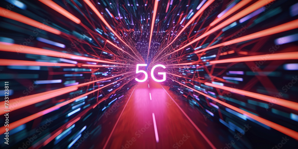 Abstract digital art showcases the concept of ultra-fast 5G network speed, with dynamic light trails intertwining against a backdrop