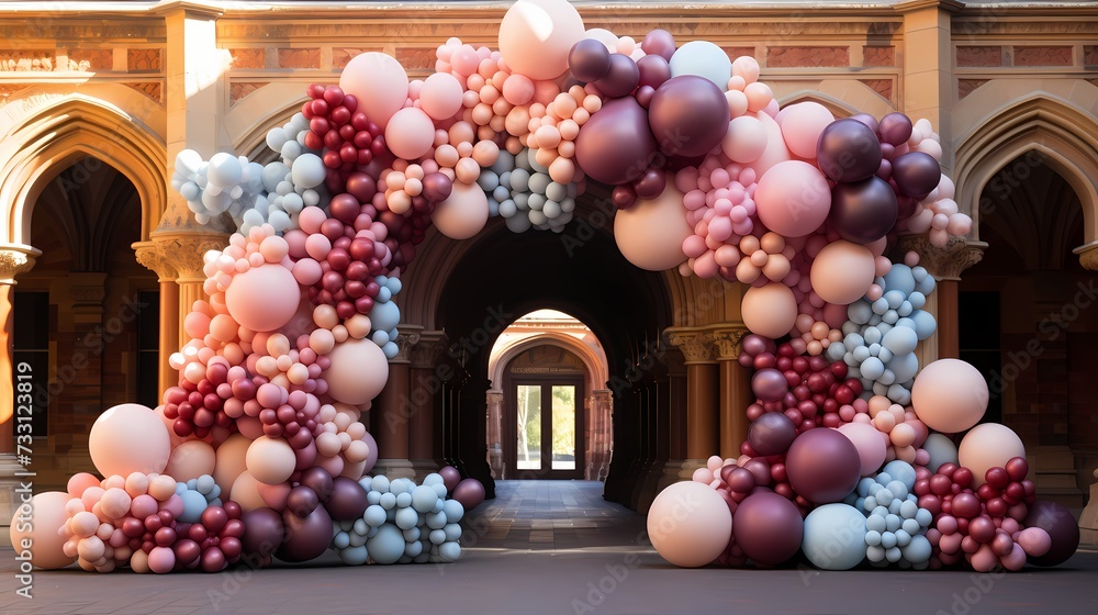 A visually striking image of a giant birthday balloon arch, adorned with cascading balloons in different shades, creating a stunning backdrop for celebrations