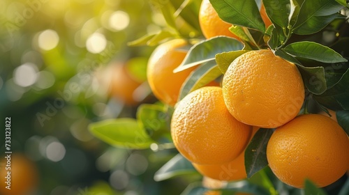 Bunch of fresh ripe oranges on a tree in orangeyard photo
