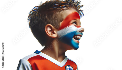 child boy soccer fun profile with painted face of dutch flag isolated on transparent background photo