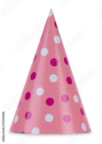 Pink dotted party hat, standing isolated on a white background.