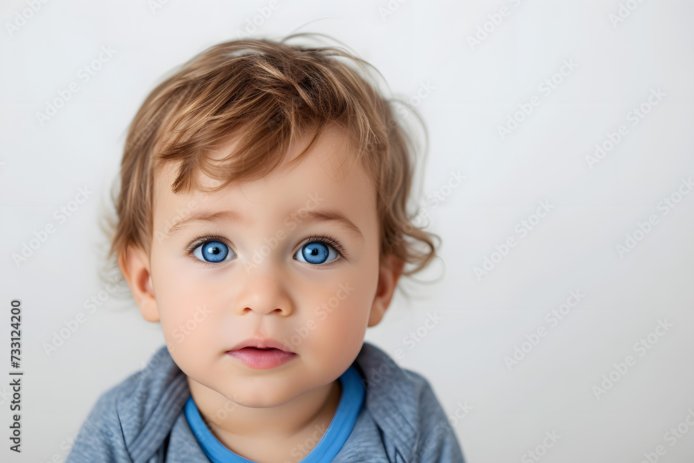 Closeup portrait of kid toddler boy isolated on white background. 