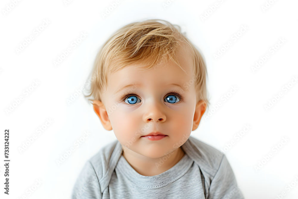 Closeup portrait of kid toddler boy isolated on white background. 