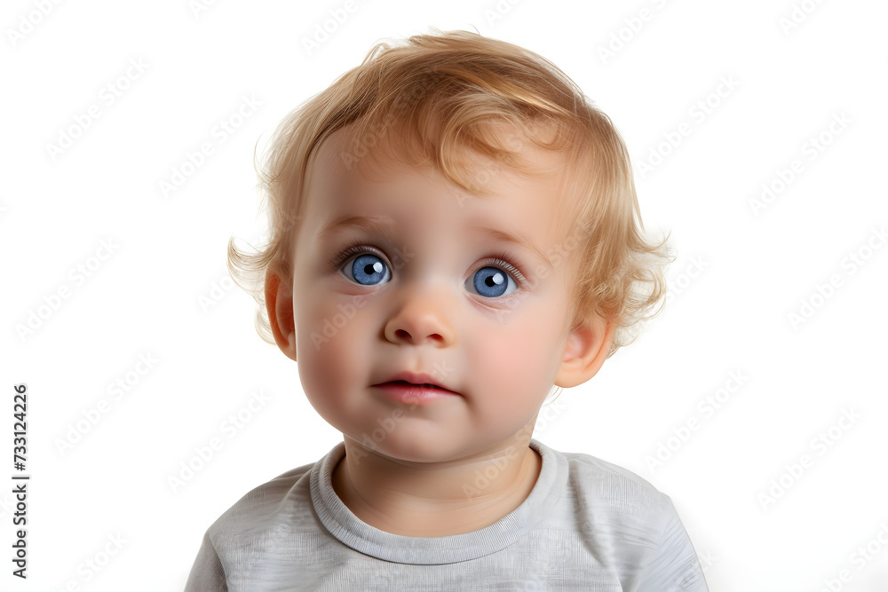 Closeup portrait of kid toddler boy isolated on white background. 