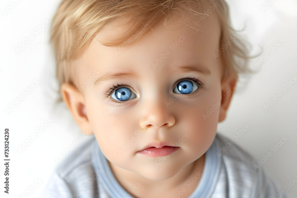 Closeup portrait of kid toddler boy isolated on white background. 