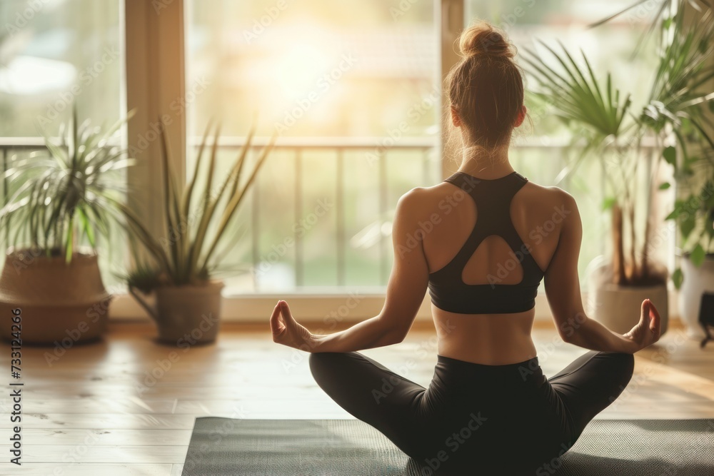 A woman practicing yoga in a serene pose exuding a sense of inner peace A woman practicing yoga in a serene pose exuding a sense of inner peace