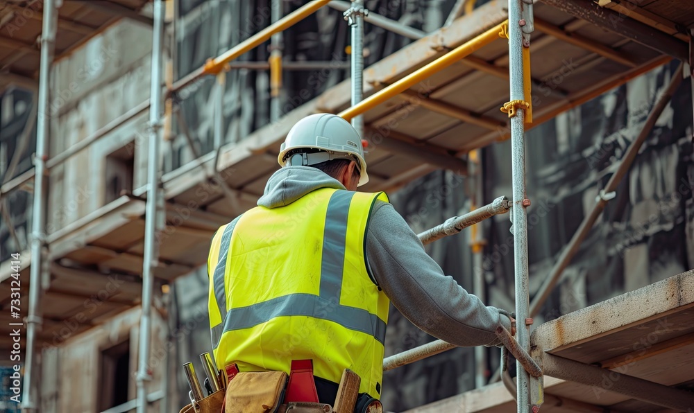 Worker in hard helmet and green vest making or installing scaffold on building side. Worker in hard helmet and green vest making or installing scaffold on building side.