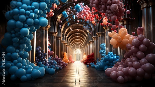 A visually striking image of helium-filled balloons forming an archway, with cascades of ribbons and shimmering confetti, creating a grand entrance for a birthday party