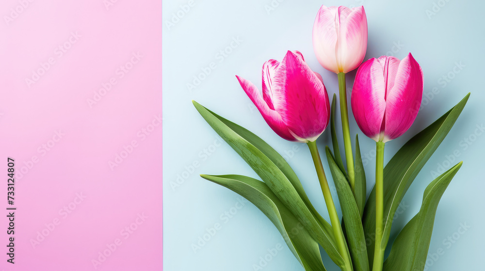 Three Vibrant Tulips Laid Out on a Dual-Tone Pink and Blue Background