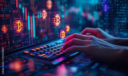 hands typing on a futuristic holographic keyboard with cryptocurrency symbols, Bitcoin, Ethereum, floating above the keys, set in a dimly lit room with digital data visualizations in the background
