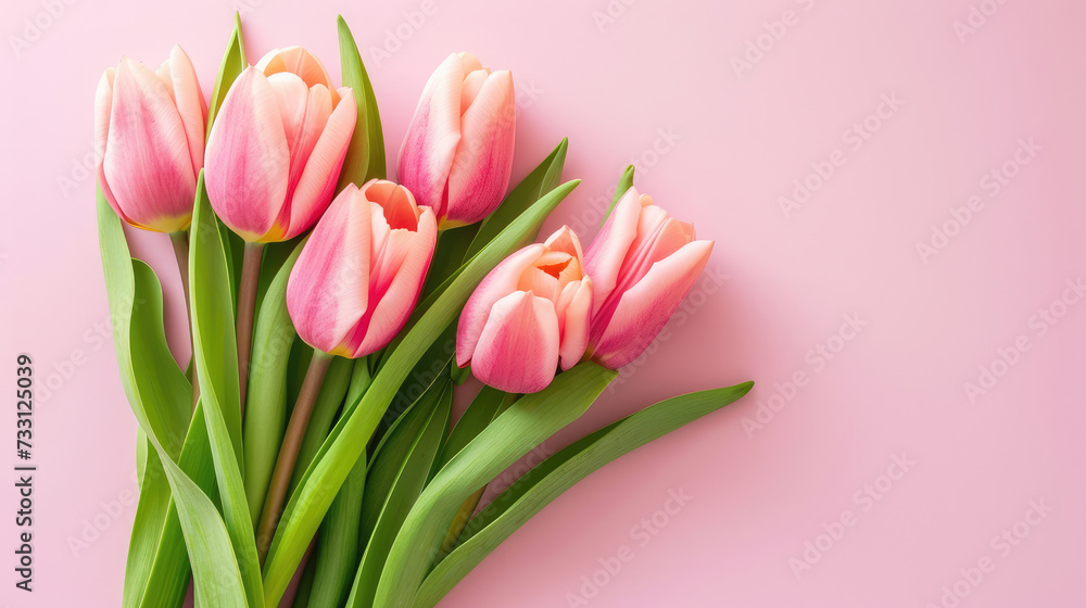 Fresh Pink Tulips Laid on a Soft Pastel Pink Background