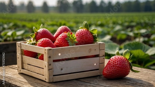 Many fresh red strawberries in wooden baskets after harvest on organic strawberry farm. Strawberries ready for export. Agriculture and ecological fruit farming concept photo