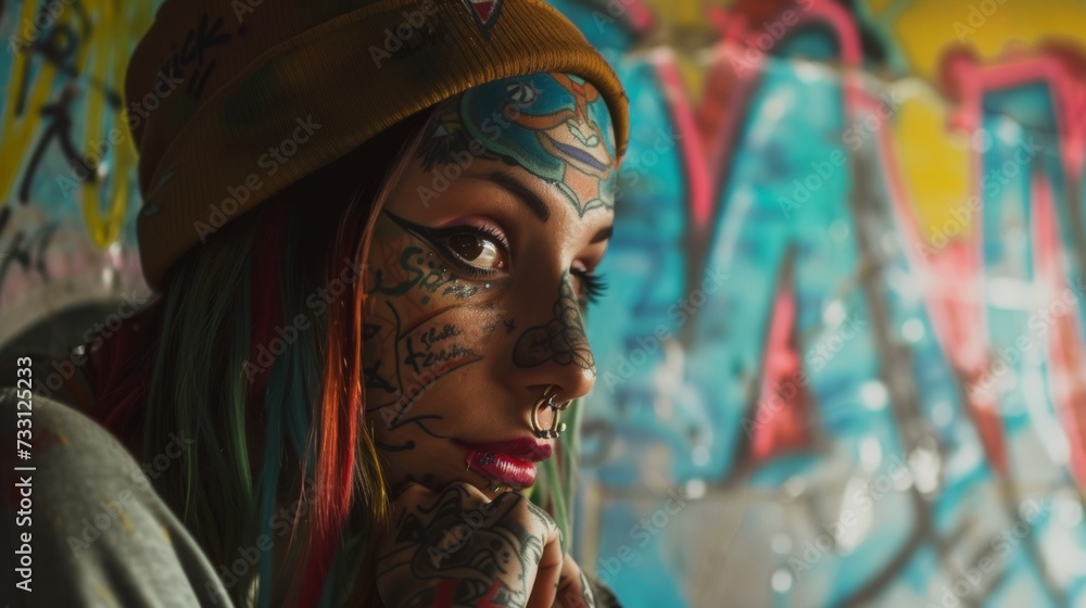 Unique Style and Identity - Colorful Face Tattoos Against Graffiti Wall AI Generated